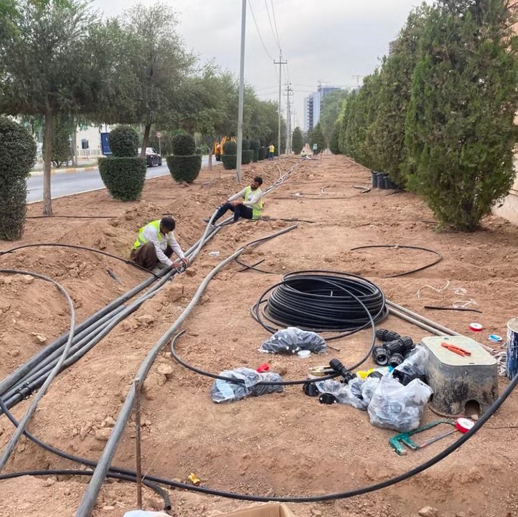 KFS workers laying irrigation pipes along a tree-lined road at the Gulan project